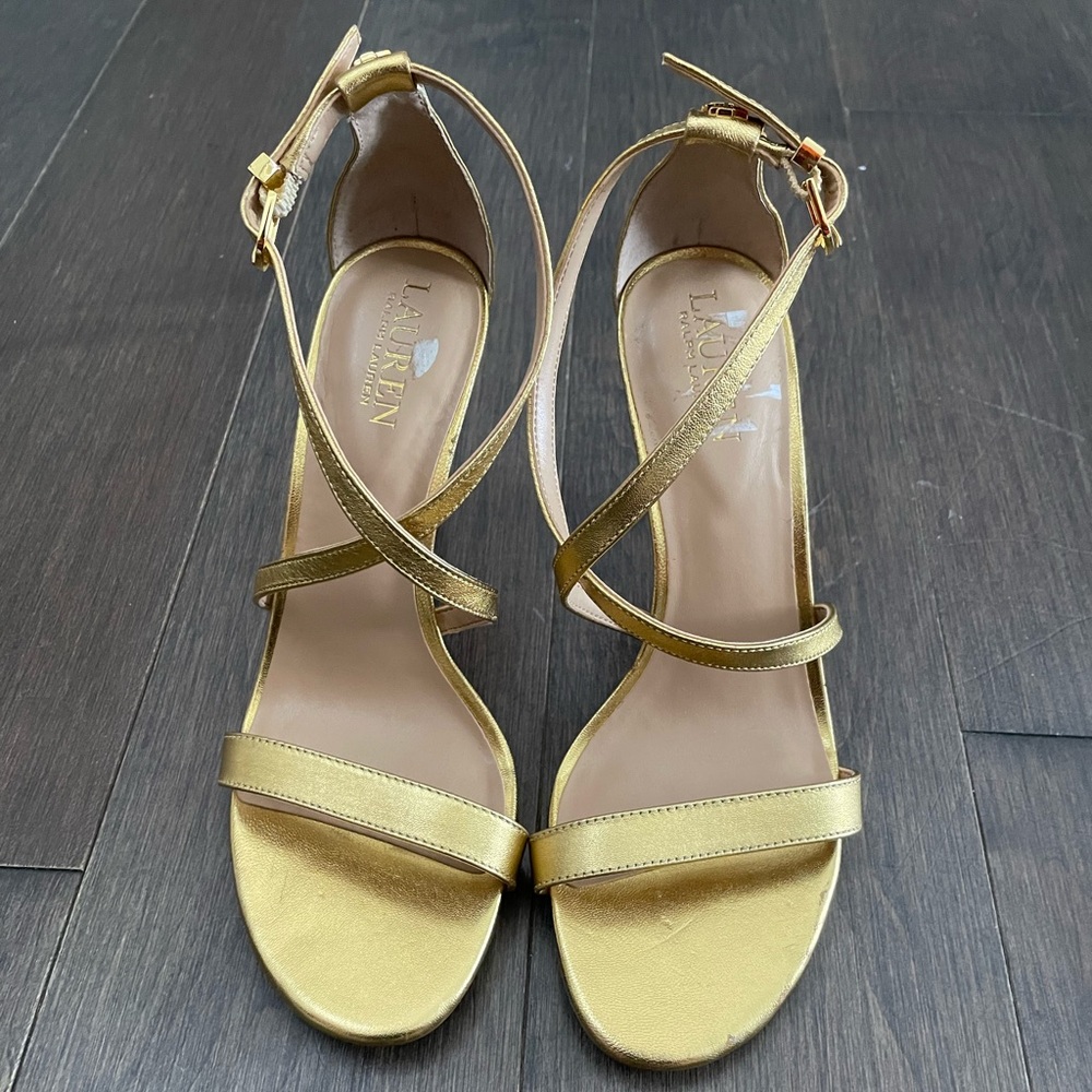 RALPH LAUREN gold, strappy, stiletto heels. Gently used.